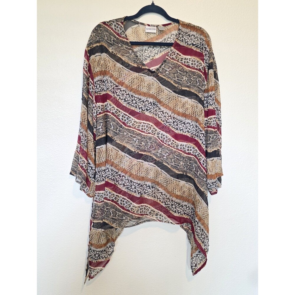 Chico's 100% Silk Sheer Handkerchief Hem Tunic Beaded Animal Print Top M/L